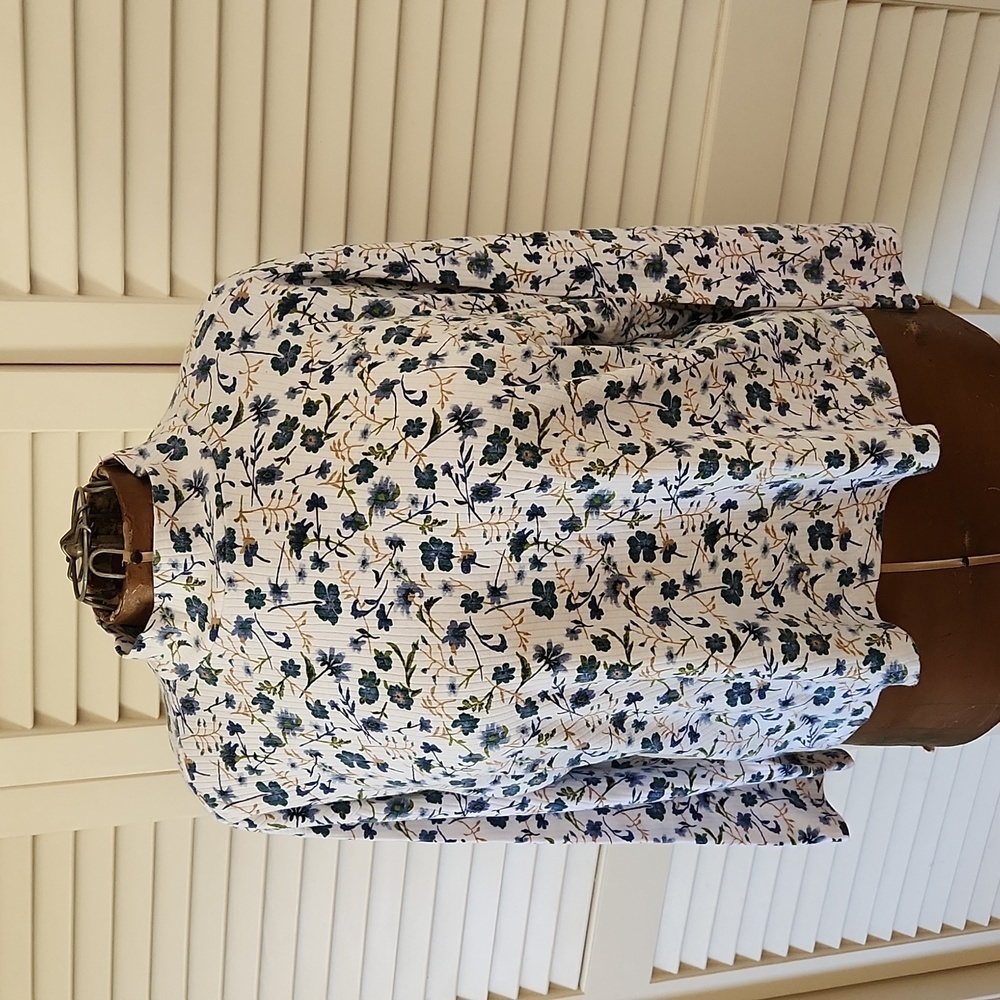 Bobbie Brooks Vintage 90s Blue Floral Cropped Ribbed Mock Turtleneck XL (16-18)